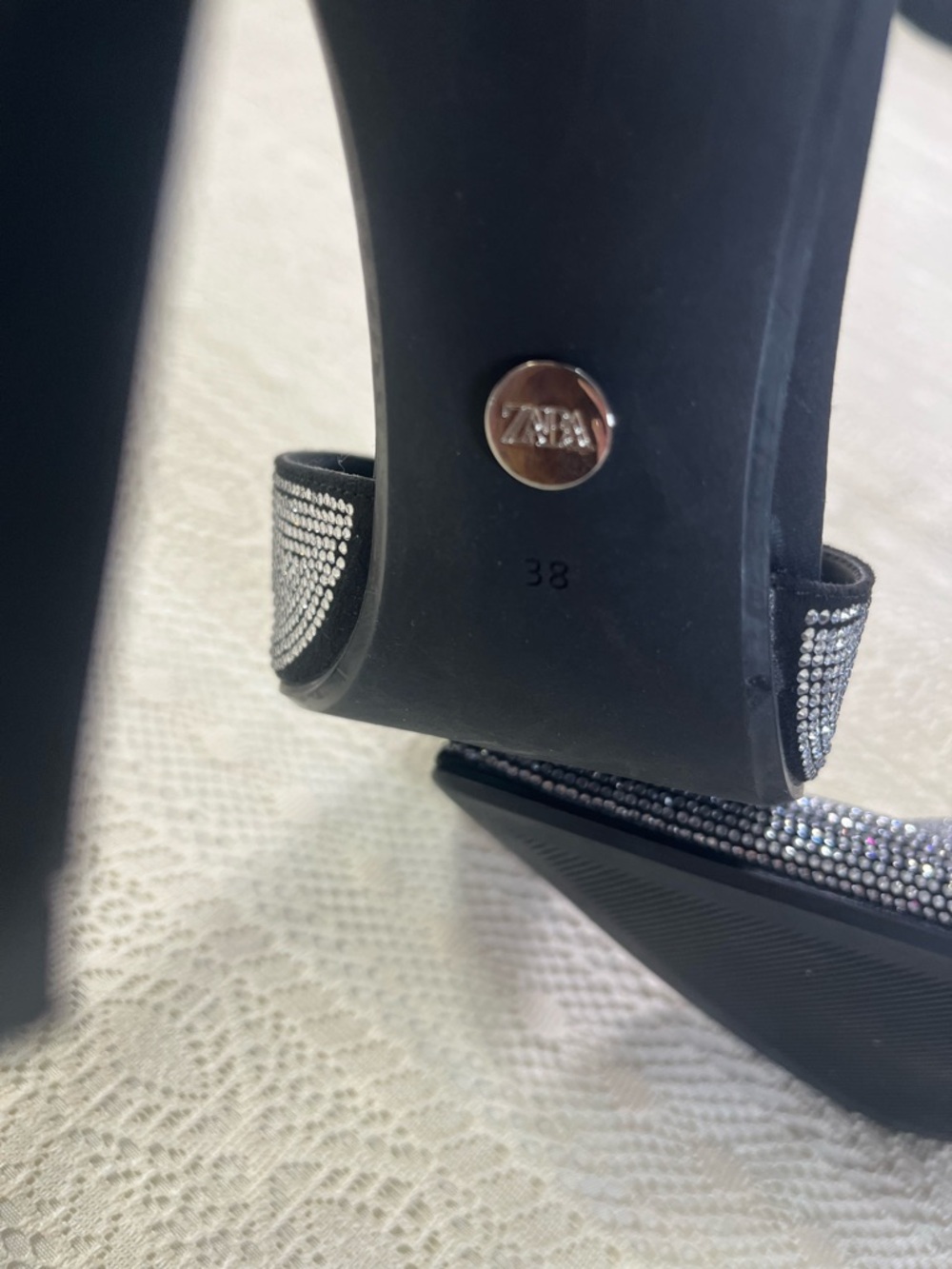 Zara Black Slingback Heels with Silver Rhinestone Pointed Toes - Picture 6 of 7